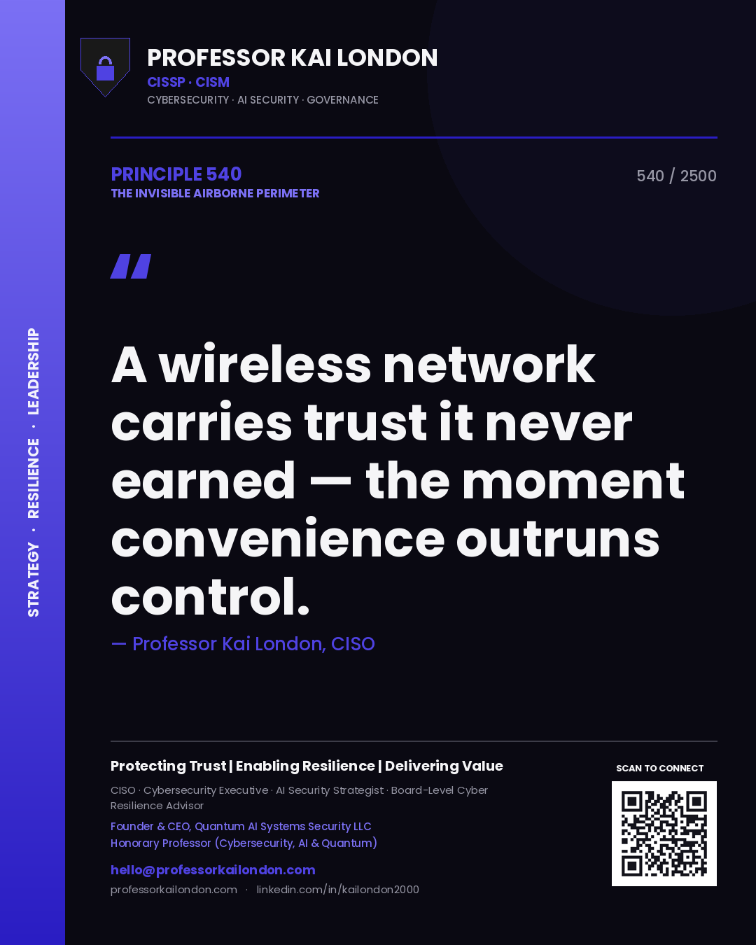 Professor Kai London principle 540: A wireless network carries trust it never earned — the moment convenience outruns control.