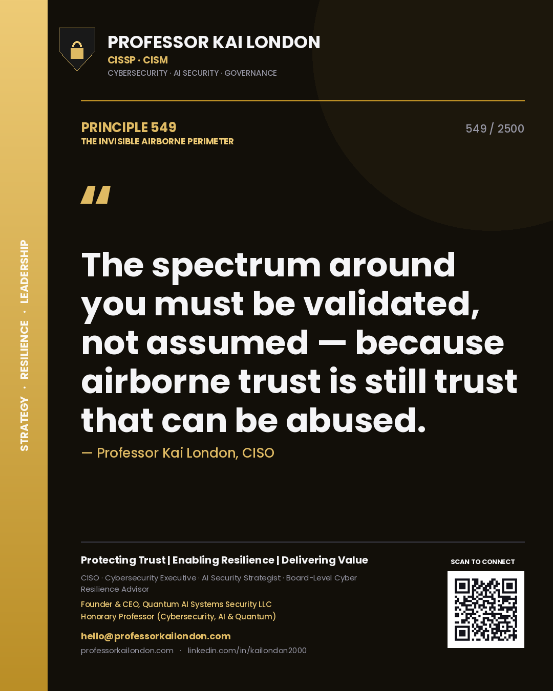 Quote card by Professor Kai London reading 'The spectrum around you must be validated, not assumed — because airborne trust is still trust that can be abused.'. From the book The Invisible Airborne Perimeter.