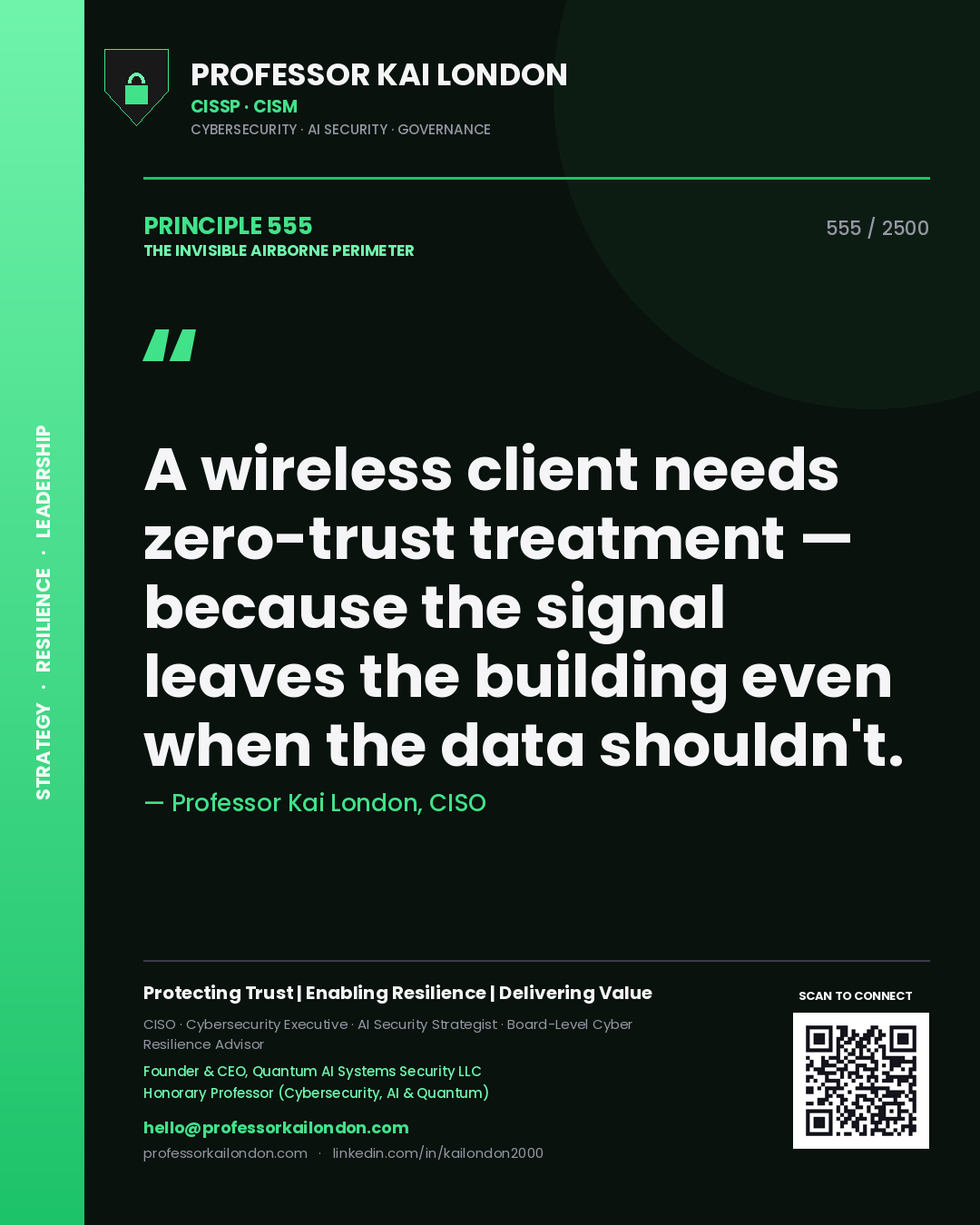Quote card by Professor Kai London reading 'A wireless client needs zero-trust treatment — because the signal leaves the building even when the data shouldn't.'. From the book The Invisible Airborne Perimeter.
