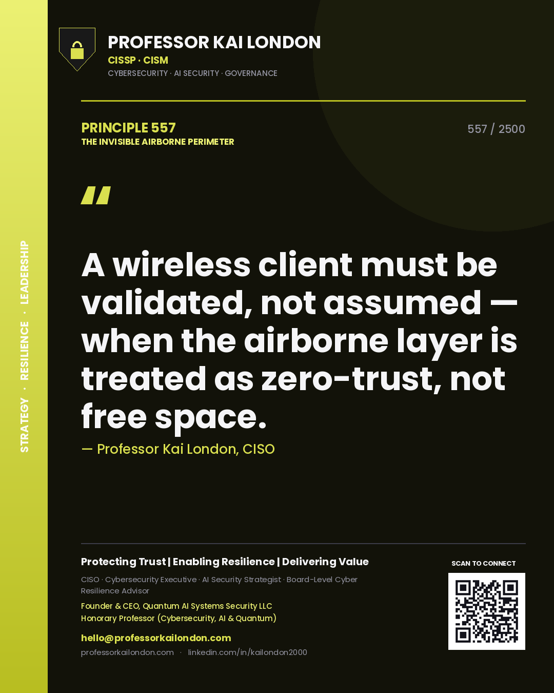 Quote card by Professor Kai London reading 'A wireless client must be validated, not assumed — when the airborne layer is treated as zero-trust, not free space.'. From the book The Invisible Airborne Perimeter.