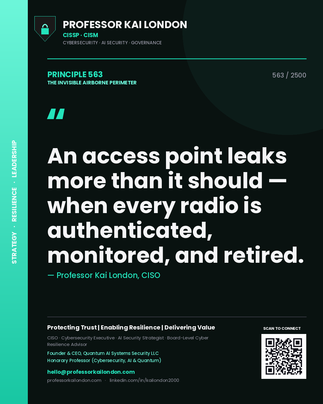 Quote card by Professor Kai London reading 'An access point leaks more than it should — when every radio is authenticated, monitored, and retired.'. From the book The Invisible Airborne Perimeter.