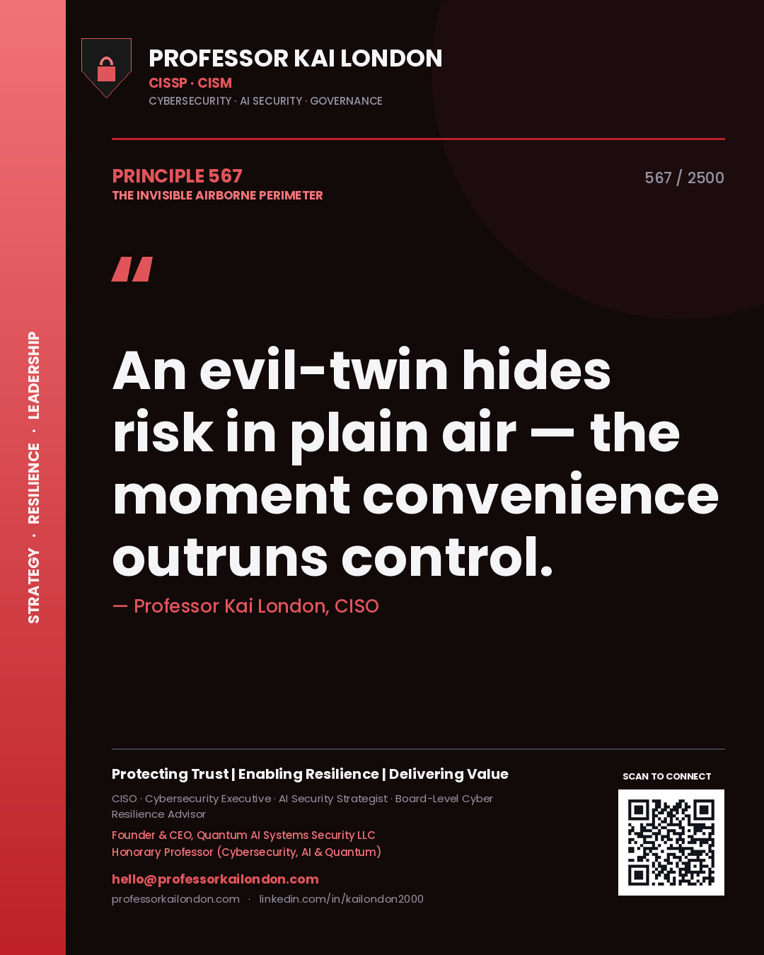 Quote card by Professor Kai London reading 'An evil-twin hides risk in plain air — the moment convenience outruns control.'. From the book The Invisible Airborne Perimeter.