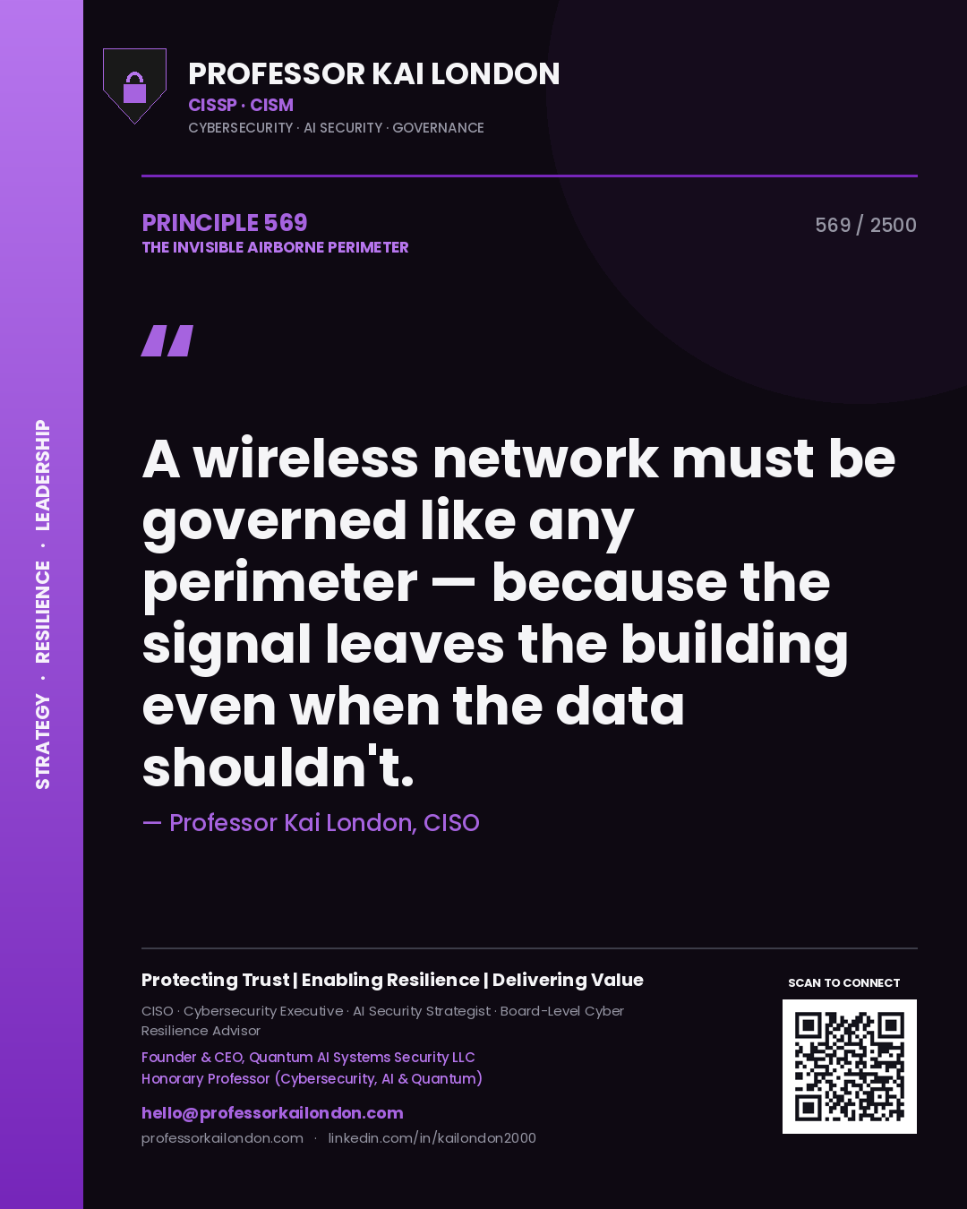 Quote card by Professor Kai London reading 'A wireless network must be governed like any perimeter — because the signal leaves the building even when the data shouldn't.'. From the book The Invisible Airborne Perimeter.