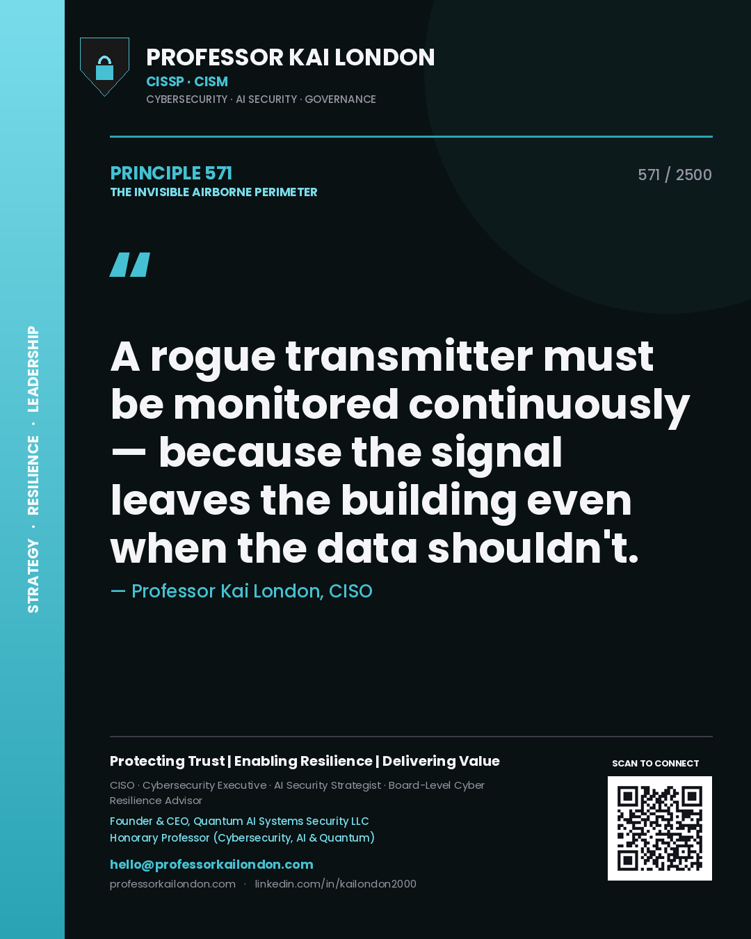 Professor Kai London principle 571: A rogue transmitter must be monitored continuously — because the signal leaves the building even when the data shouldn't.