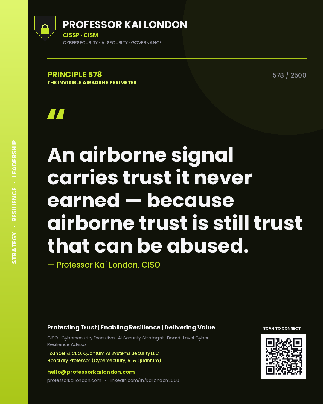 Professor Kai London principle 578: An airborne signal carries trust it never earned — because airborne trust is still trust that can be abused.