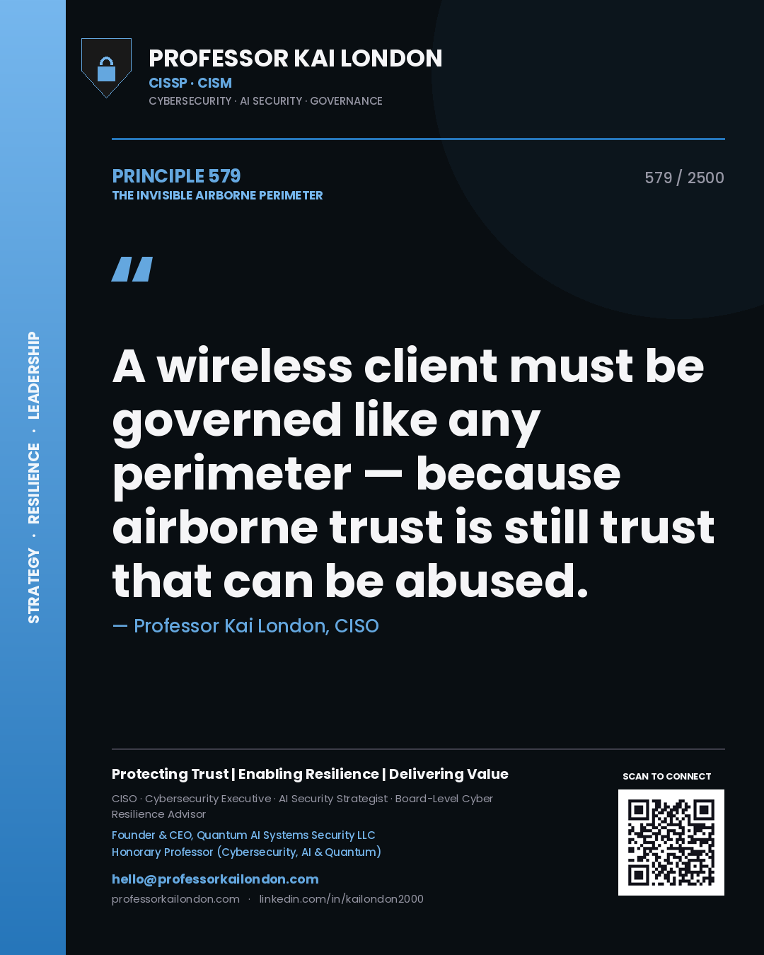Quote card by Professor Kai London reading 'A wireless client must be governed like any perimeter — because airborne trust is still trust that can be abused.'. From the book The Invisible Airborne Perimeter.