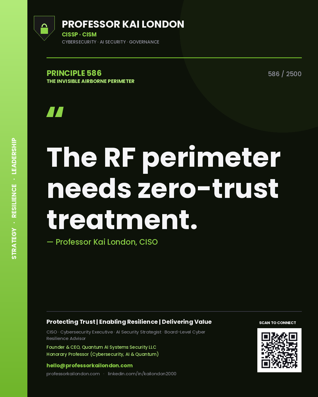 Quote card by Professor Kai London reading 'The RF perimeter needs zero-trust treatment.'. From the book The Invisible Airborne Perimeter.