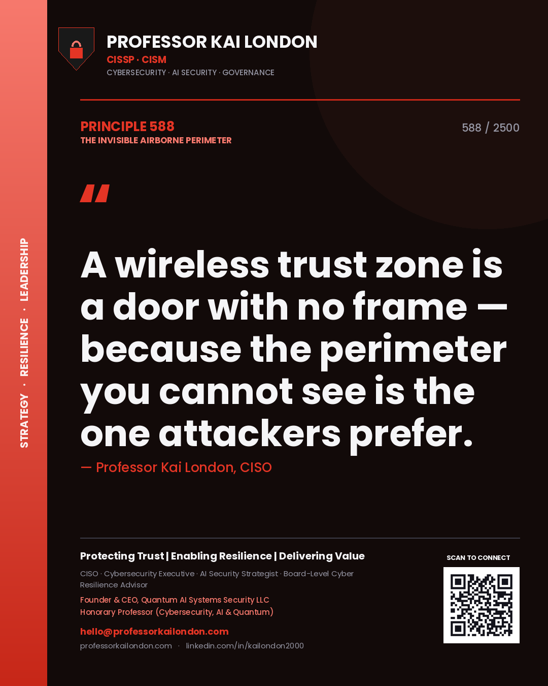 Quote card by Professor Kai London reading 'A wireless trust zone is a door with no frame — because the perimeter you cannot see is the one attackers prefer.'. From the book The Invisible Airborne Perimeter.
