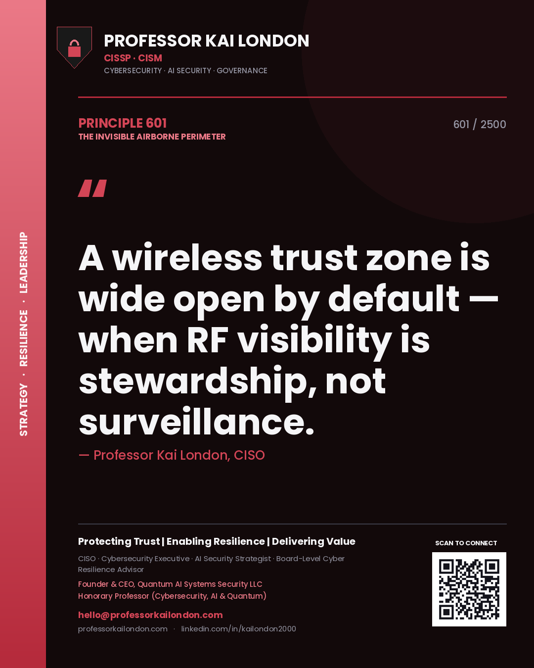 Quote card by Professor Kai London reading 'A wireless trust zone is wide open by default — when RF visibility is stewardship, not surveillance.'. From the book The Invisible Airborne Perimeter.
