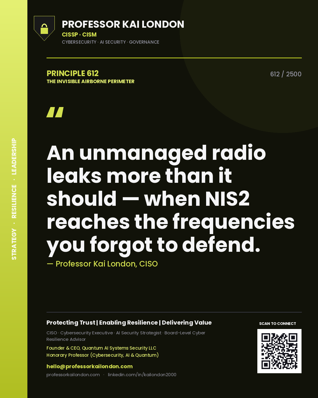 Quote card by Professor Kai London reading 'An unmanaged radio leaks more than it should — when NIS2 reaches the frequencies you forgot to defend.'. From the book The Invisible Airborne Perimeter.