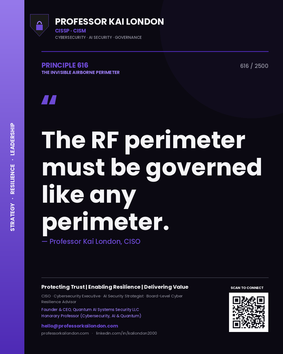 Quote card by Professor Kai London reading 'The RF perimeter must be governed like any perimeter.'. From the book The Invisible Airborne Perimeter.