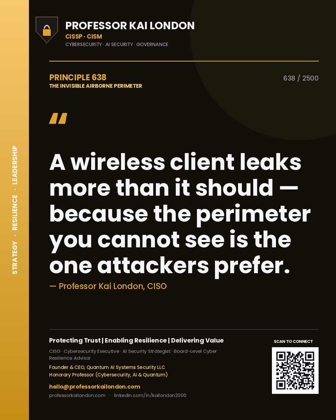 Quote card by Professor Kai London reading 'A wireless client leaks more than it should — because the perimeter you cannot see is the one attackers prefer.'. From the book The Invisible Airborne Perimeter.