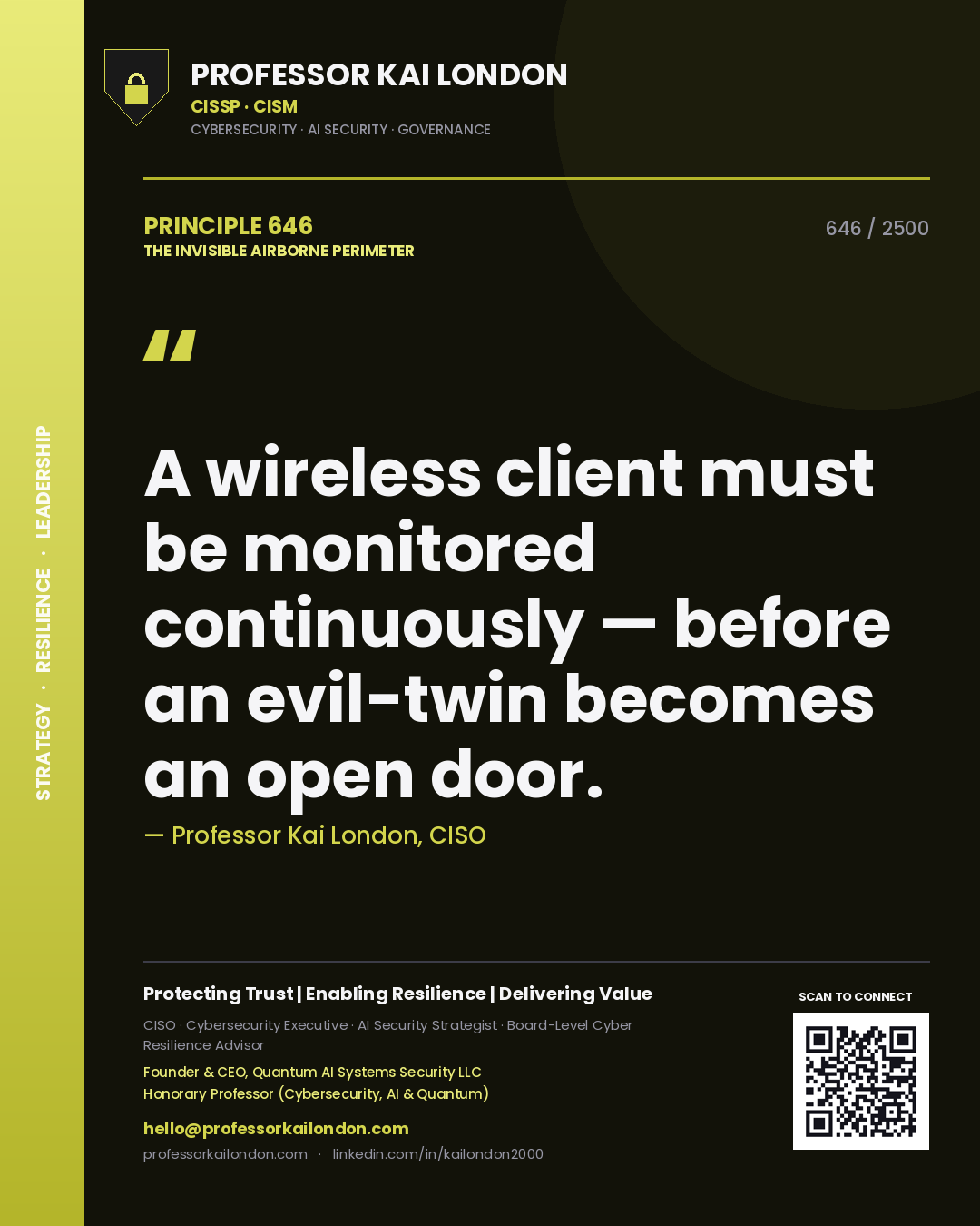 Quote card by Professor Kai London reading 'A wireless client must be monitored continuously — before an evil-twin becomes an open door.'. From the book The Invisible Airborne Perimeter.