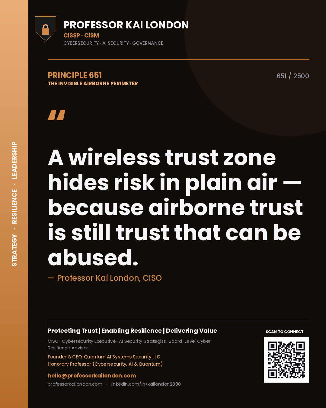 Quote card by Professor Kai London reading 'A wireless trust zone hides risk in plain air — because airborne trust is still trust that can be abused.'. From the book The Invisible Airborne Perimeter.