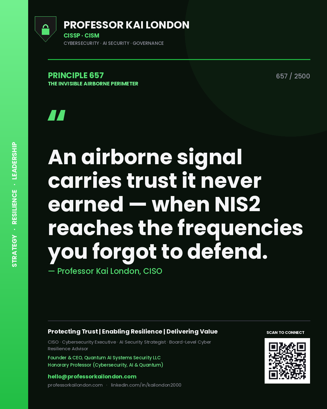 Quote card by Professor Kai London reading 'An airborne signal carries trust it never earned — when NIS2 reaches the frequencies you forgot to defend.'. From the book The Invisible Airborne Perimeter.
