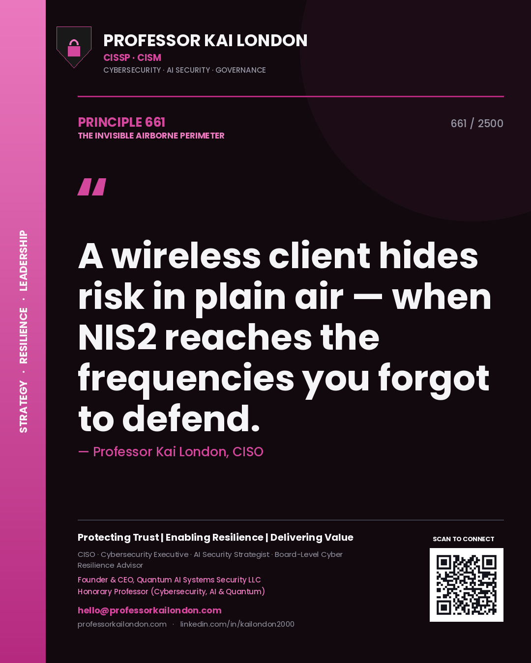 Quote card by Professor Kai London reading 'A wireless client hides risk in plain air — when NIS2 reaches the frequencies you forgot to defend.'. From the book The Invisible Airborne Perimeter.
