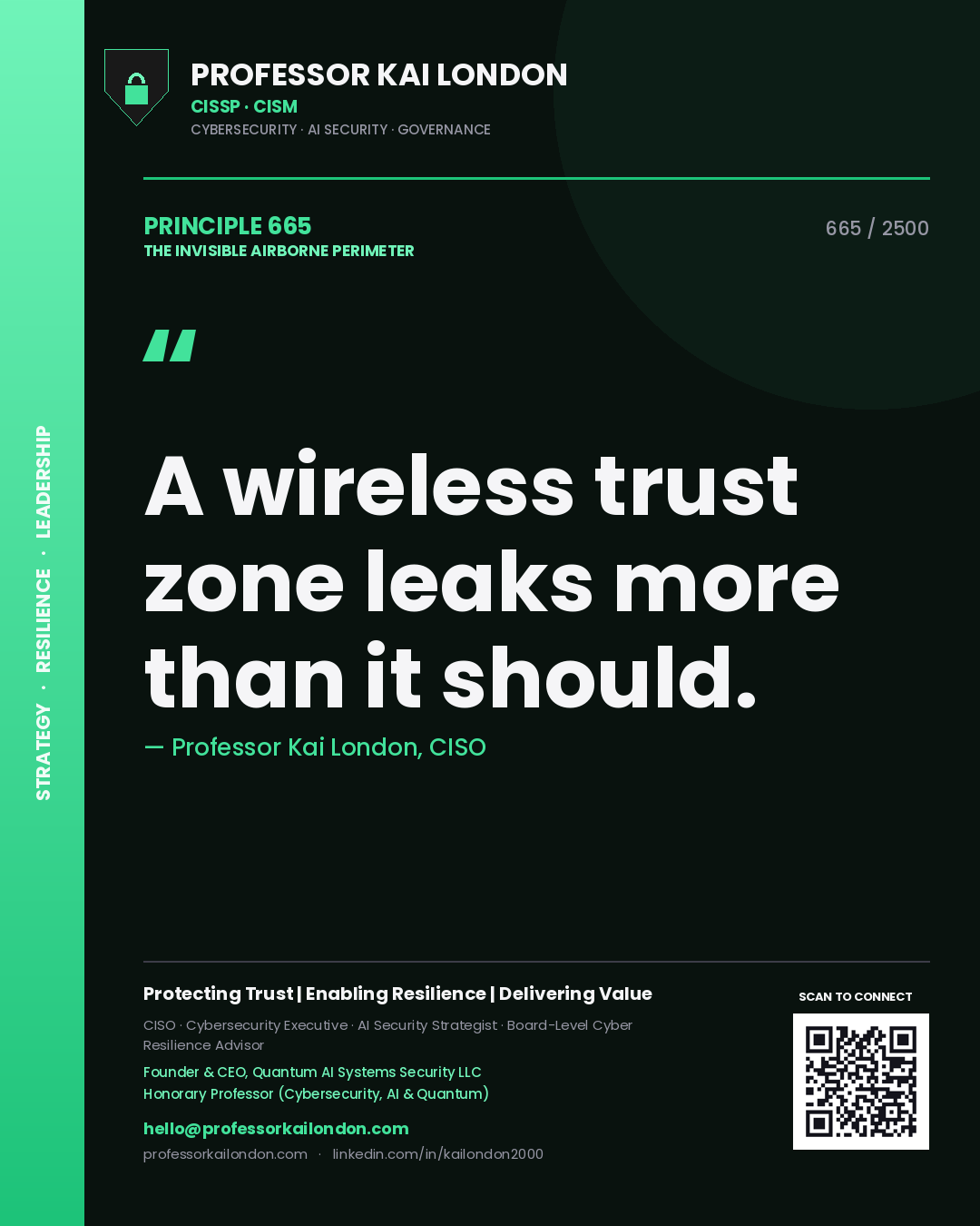 Quote card by Professor Kai London reading 'A wireless trust zone leaks more than it should.'. From the book The Invisible Airborne Perimeter.