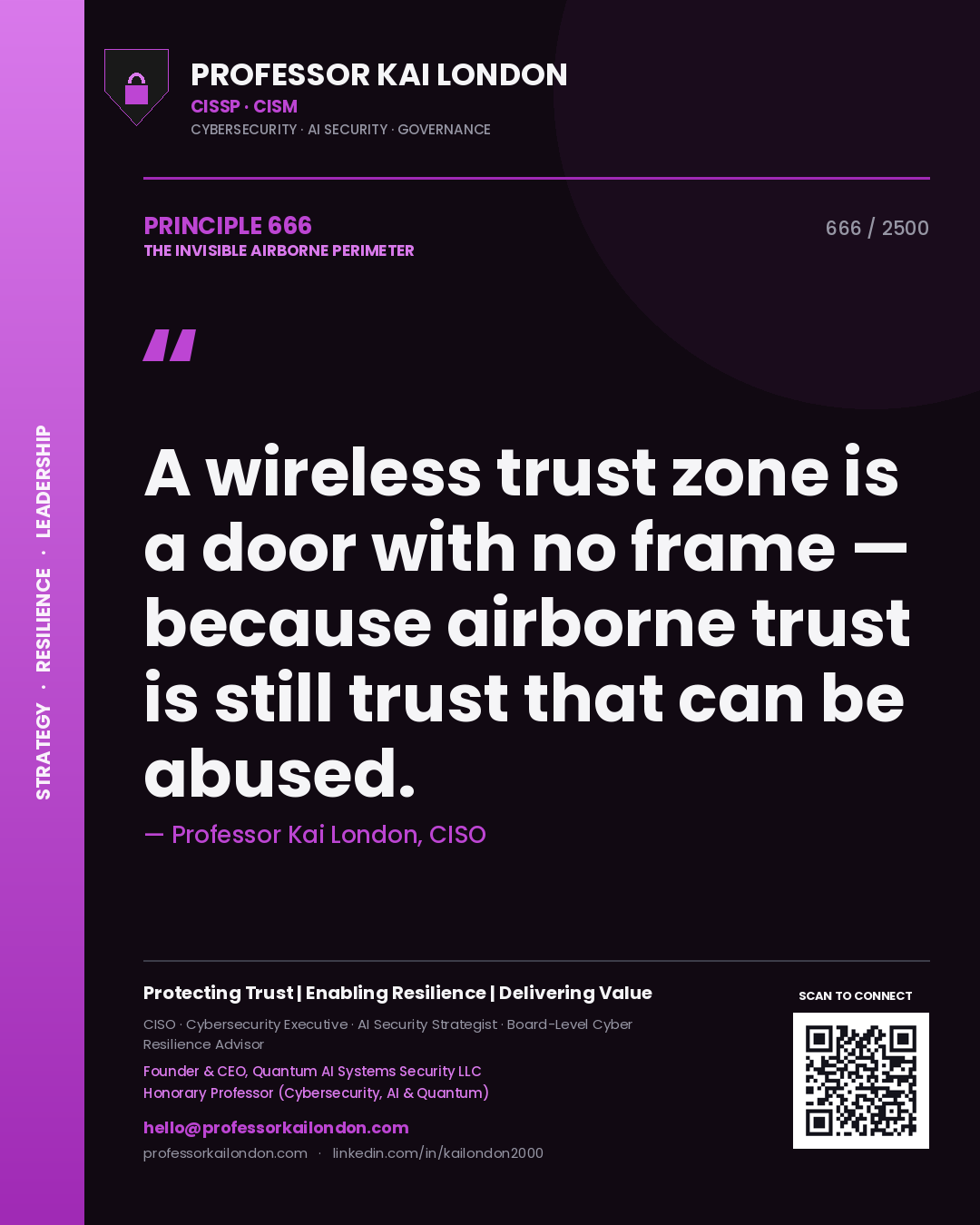Quote card by Professor Kai London reading 'A wireless trust zone is a door with no frame — because airborne trust is still trust that can be abused.'. From the book The Invisible Airborne Perimeter.