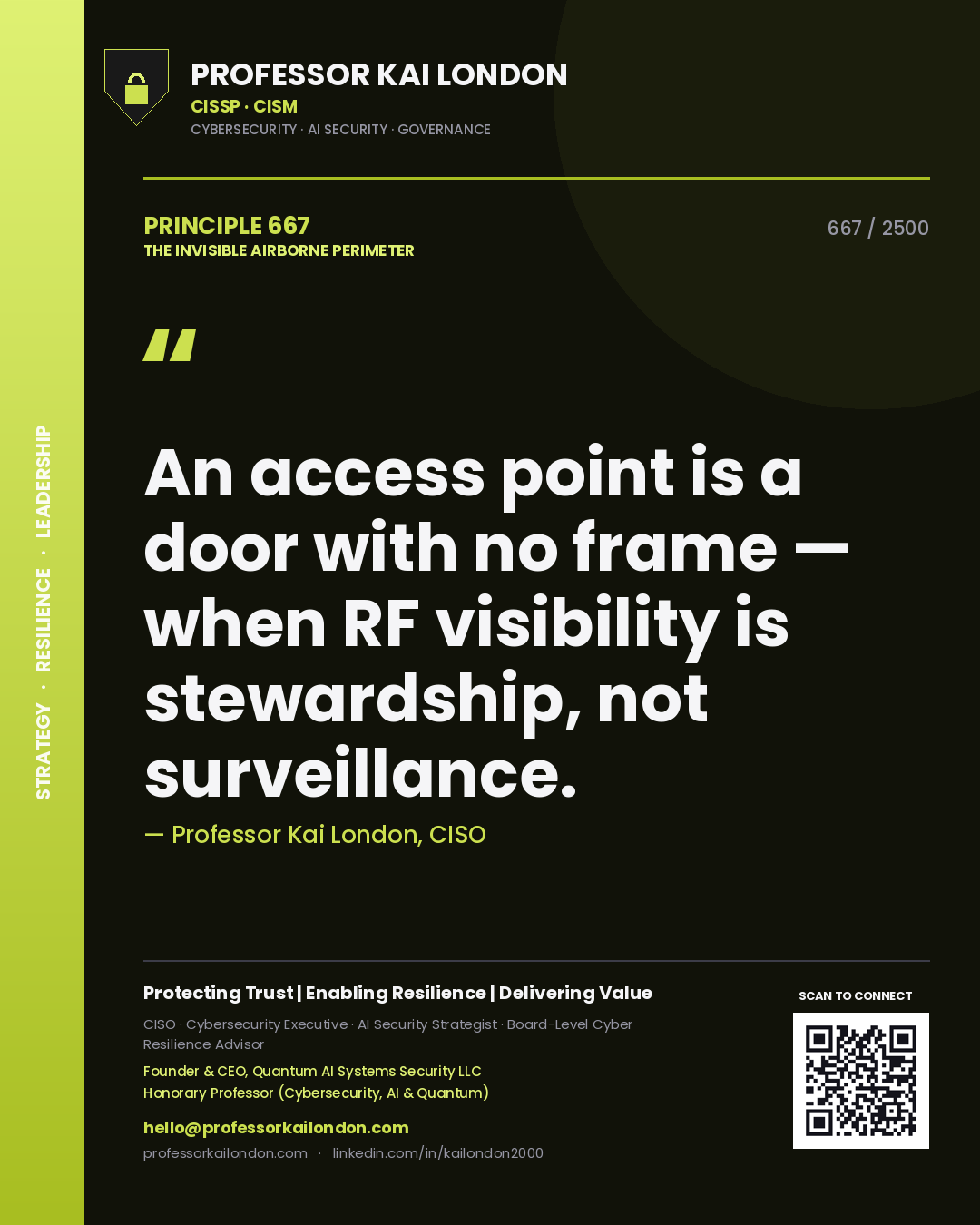 Quote card by Professor Kai London reading 'An access point is a door with no frame — when RF visibility is stewardship, not surveillance.'. From the book The Invisible Airborne Perimeter.