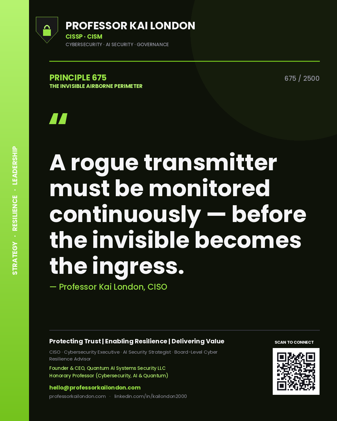Quote card by Professor Kai London reading 'A rogue transmitter must be monitored continuously — before the invisible becomes the ingress.'. From the book The Invisible Airborne Perimeter.