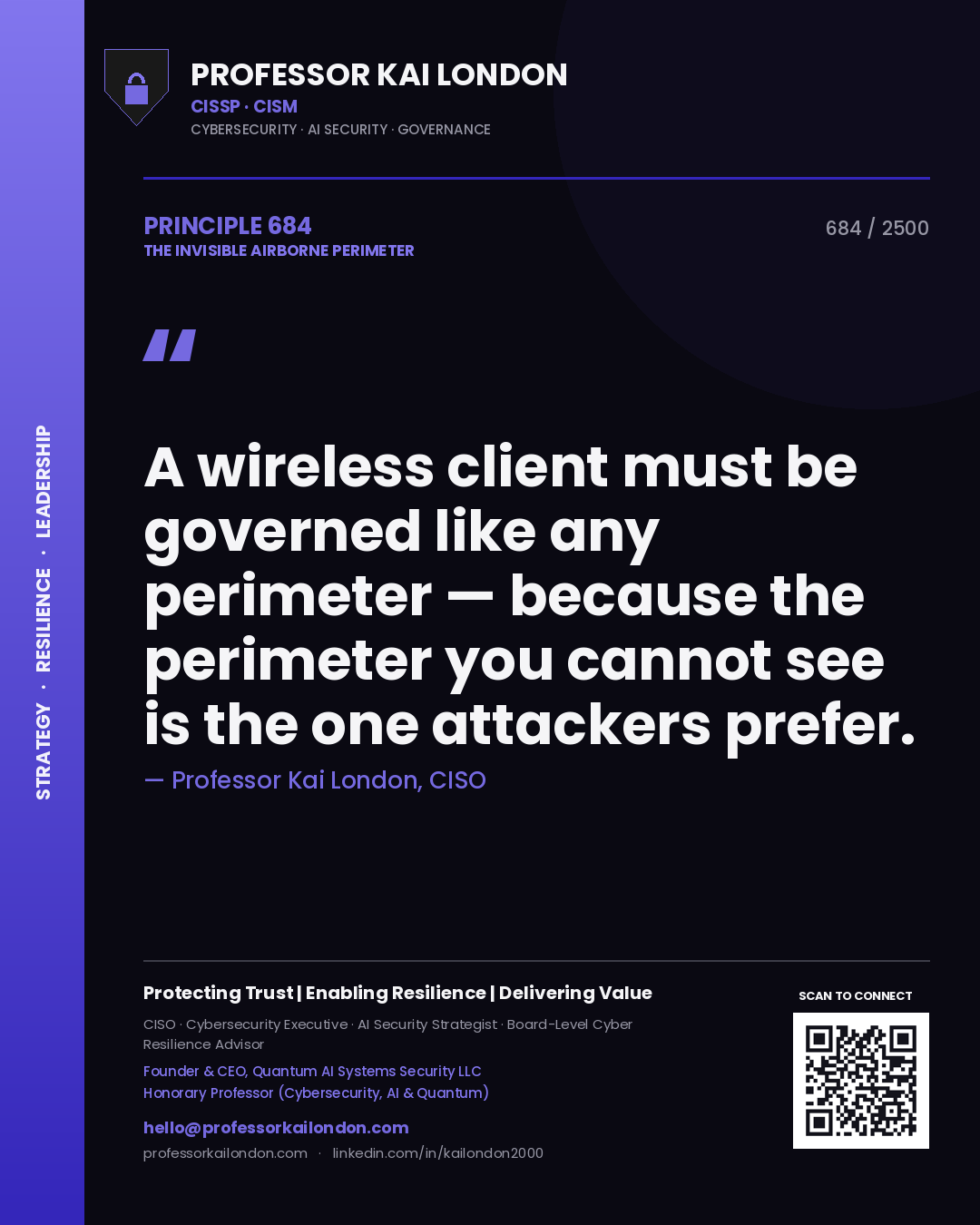 Quote card by Professor Kai London reading 'A wireless client must be governed like any perimeter — because the perimeter you cannot see is the one attackers prefer.'. From the book The Invisible Airborne Perimeter.