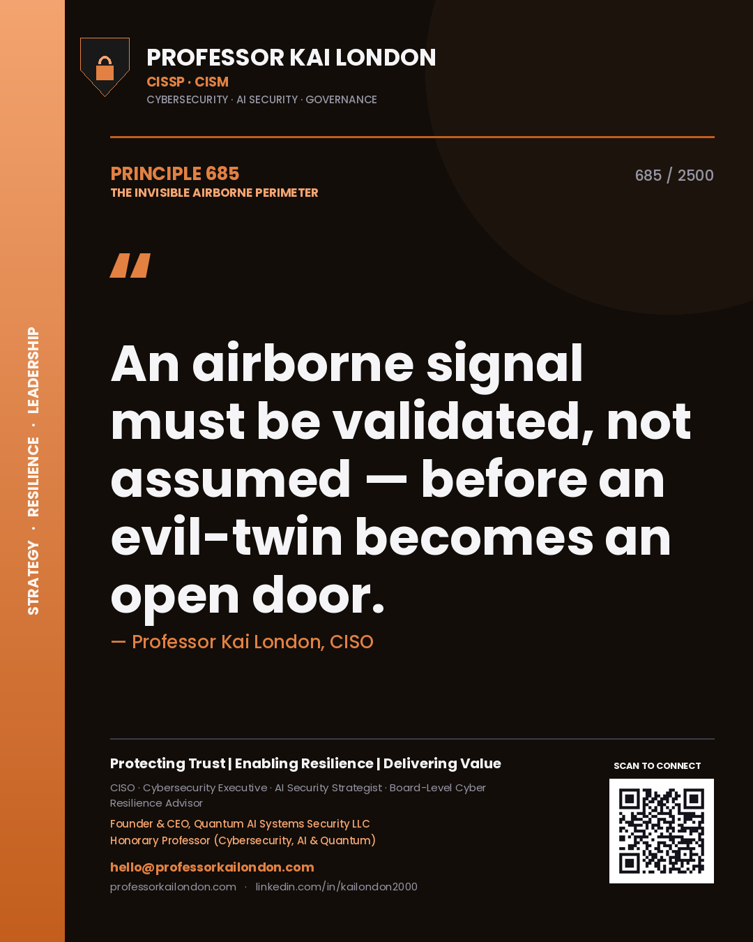 Quote card by Professor Kai London reading 'An airborne signal must be validated, not assumed — before an evil-twin becomes an open door.'. From the book The Invisible Airborne Perimeter.