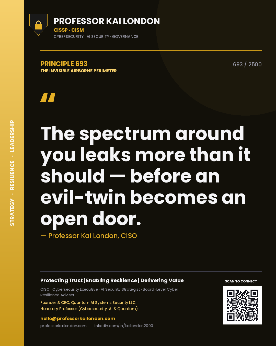 Quote card by Professor Kai London reading 'The spectrum around you leaks more than it should — before an evil-twin becomes an open door.'. From the book The Invisible Airborne Perimeter.