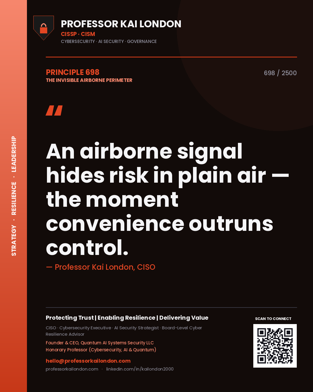 Quote card by Professor Kai London reading 'An airborne signal hides risk in plain air — the moment convenience outruns control.'. From the book The Invisible Airborne Perimeter.