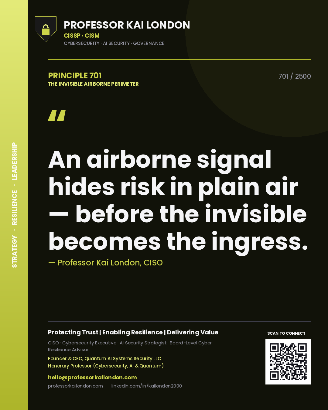 Quote card by Professor Kai London reading 'An airborne signal hides risk in plain air — before the invisible becomes the ingress.'. From the book The Invisible Airborne Perimeter.