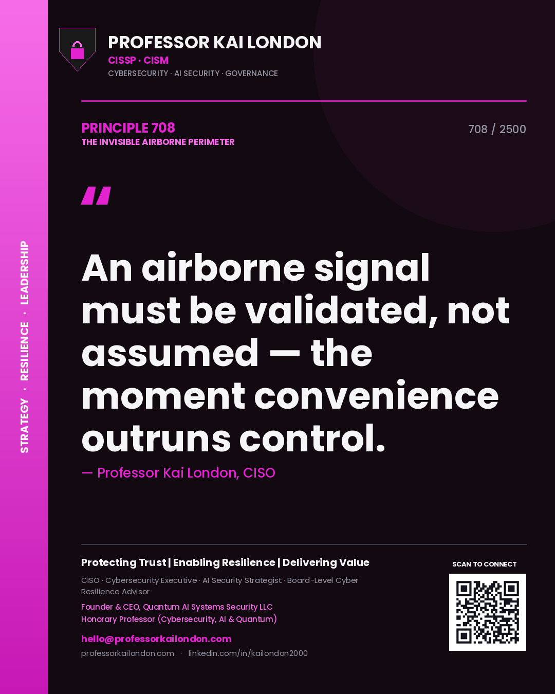 Quote card by Professor Kai London reading 'An airborne signal must be validated, not assumed — the moment convenience outruns control.'. From the book The Invisible Airborne Perimeter.
