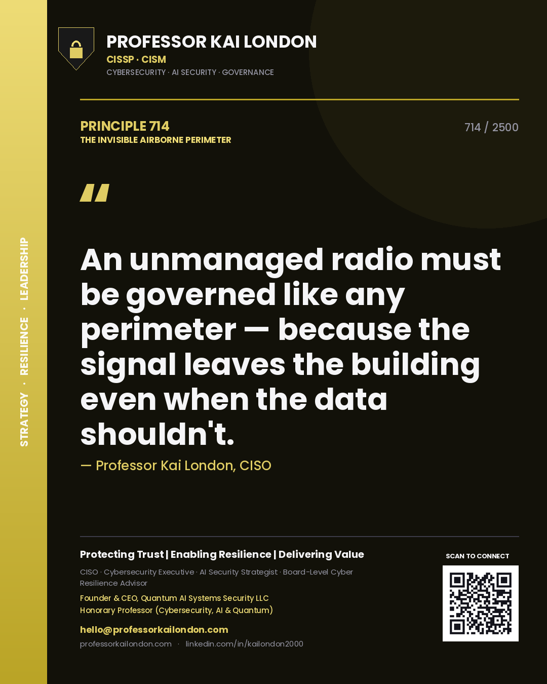 Quote card by Professor Kai London reading 'An unmanaged radio must be governed like any perimeter — because the signal leaves the building even when the data shouldn't.'. From the book The Invisible Airborne Perimeter.