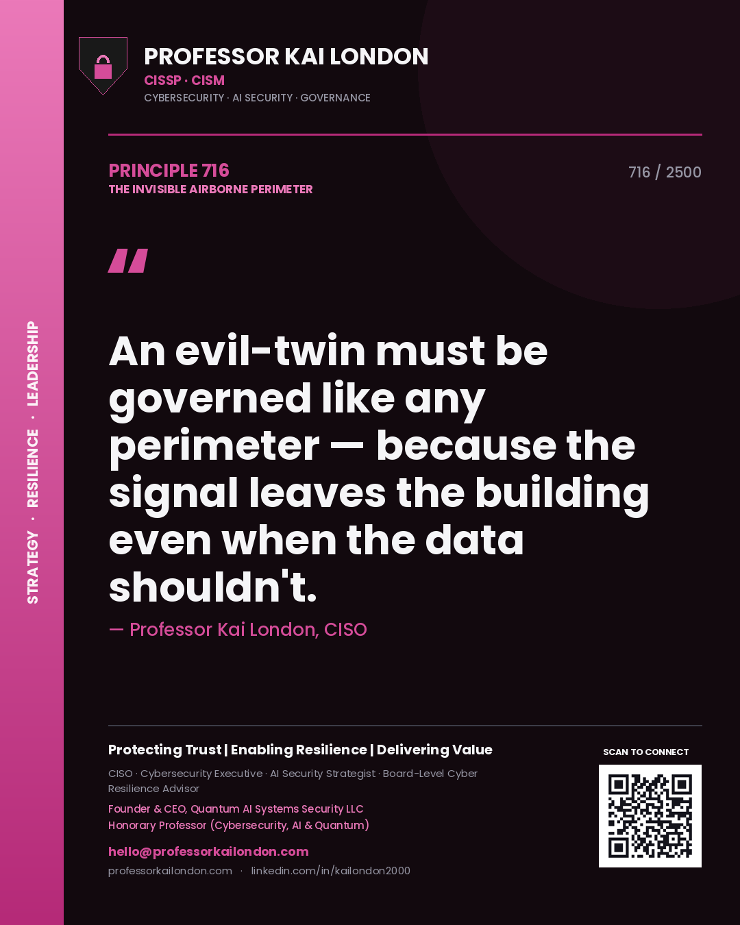 Professor Kai London principle 716: An evil-twin must be governed like any perimeter — because the signal leaves the building even when the data shouldn't.