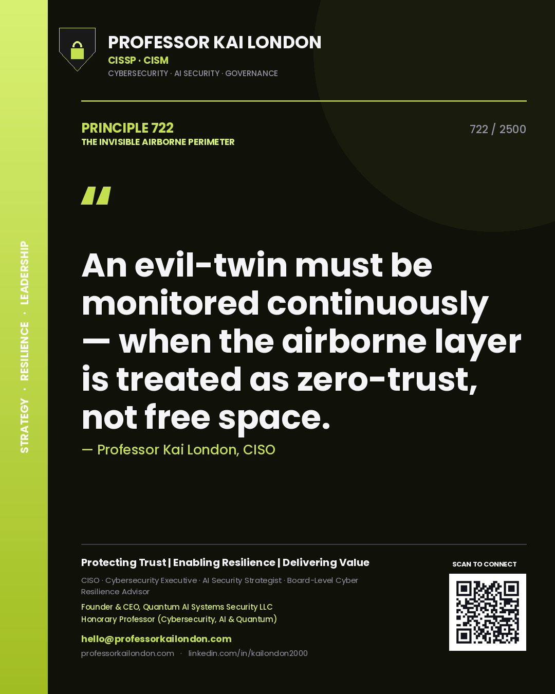 Professor Kai London principle 722: An evil-twin must be monitored continuously — when the airborne layer is treated as zero-trust, not free space.