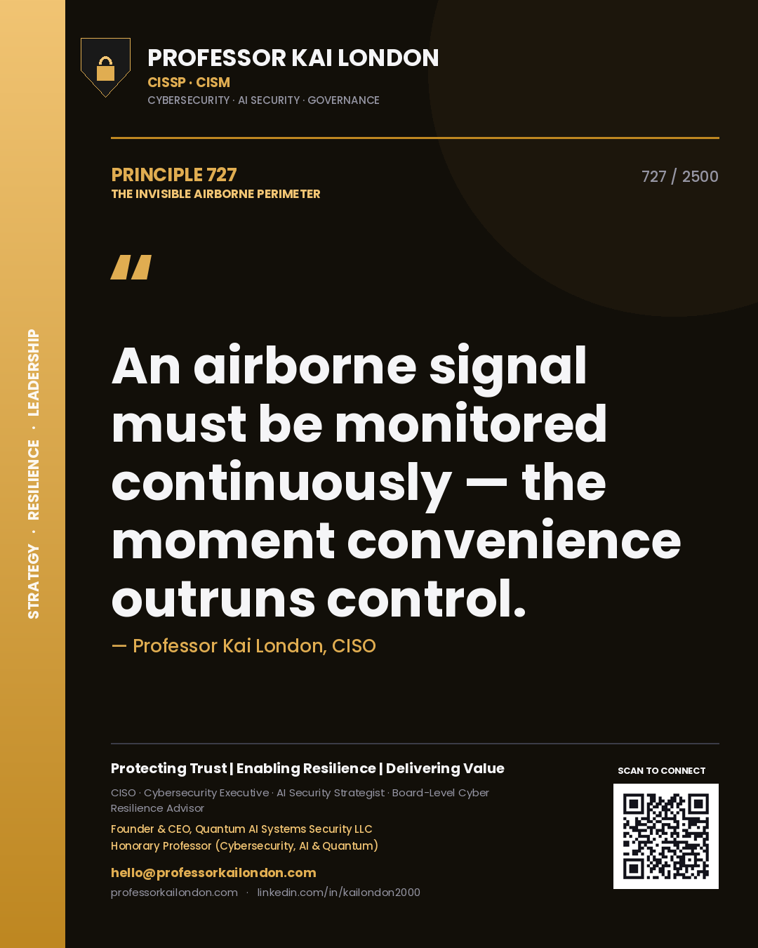 Professor Kai London principle 727: An airborne signal must be monitored continuously — the moment convenience outruns control.