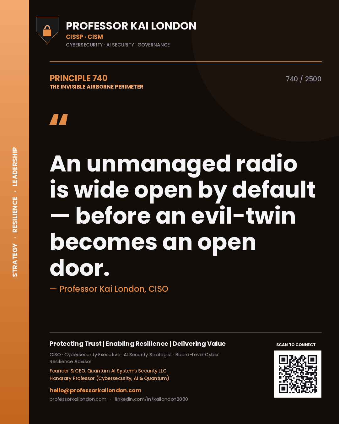 Professor Kai London principle 740: An unmanaged radio is wide open by default — before an evil-twin becomes an open door.