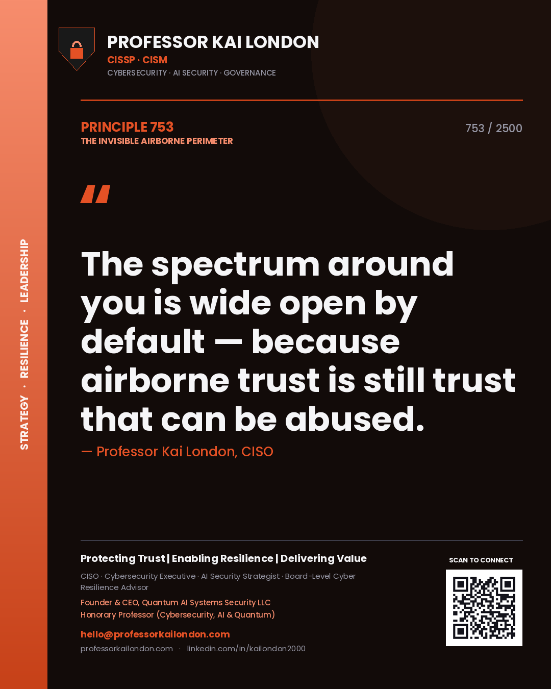 Quote card by Professor Kai London reading 'The spectrum around you is wide open by default — because airborne trust is still trust that can be abused.'. From the book The Invisible Airborne Perimeter.