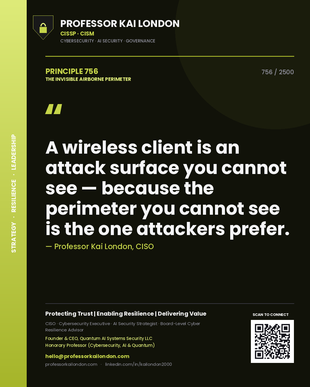 Quote card by Professor Kai London reading 'A wireless client is an attack surface you cannot see — because the perimeter you cannot see is the one attackers prefer.'. From the book The Invisible Airborne Perimeter.