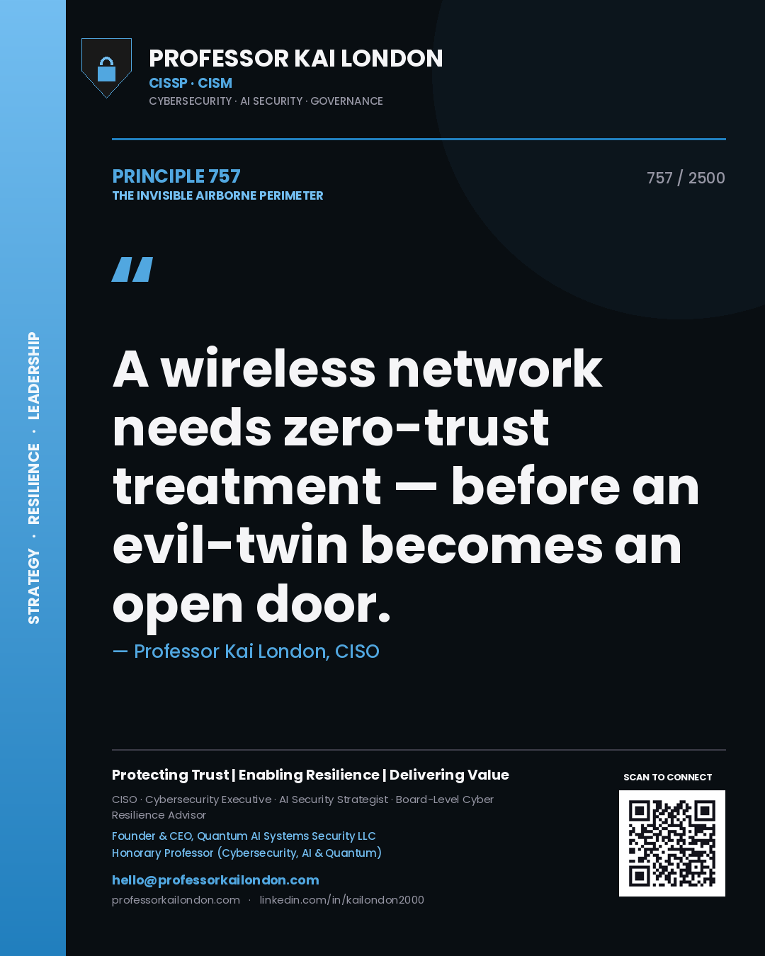 Professor Kai London principle 757: A wireless network needs zero-trust treatment — before an evil-twin becomes an open door.