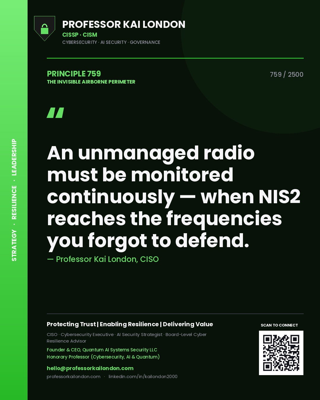 Professor Kai London principle 759: An unmanaged radio must be monitored continuously — when NIS2 reaches the frequencies you forgot to defend.