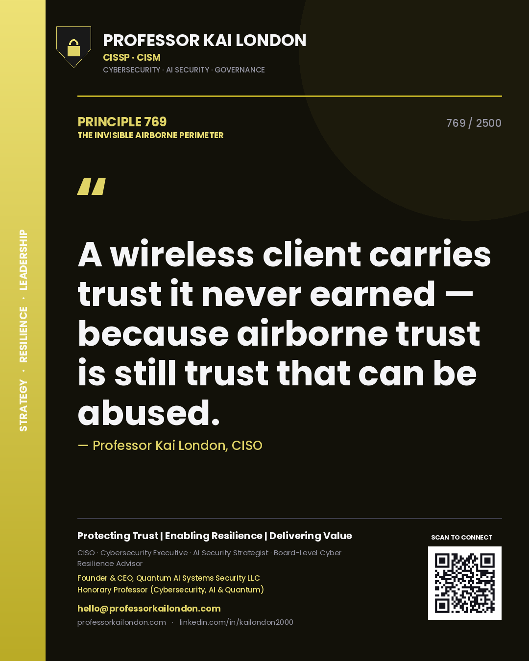 Quote card by Professor Kai London reading 'A wireless client carries trust it never earned — because airborne trust is still trust that can be abused.'. From the book The Invisible Airborne Perimeter.