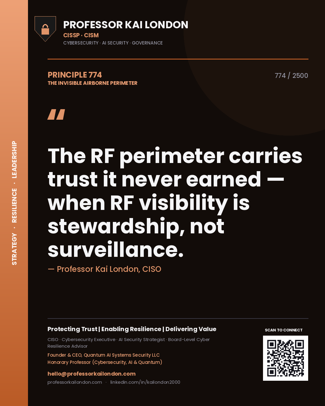 Quote card by Professor Kai London reading 'The RF perimeter carries trust it never earned — when RF visibility is stewardship, not surveillance.'. From the book The Invisible Airborne Perimeter.