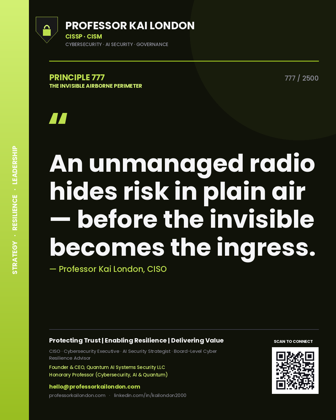 Quote card by Professor Kai London reading 'An unmanaged radio hides risk in plain air — before the invisible becomes the ingress.'. From the book The Invisible Airborne Perimeter.