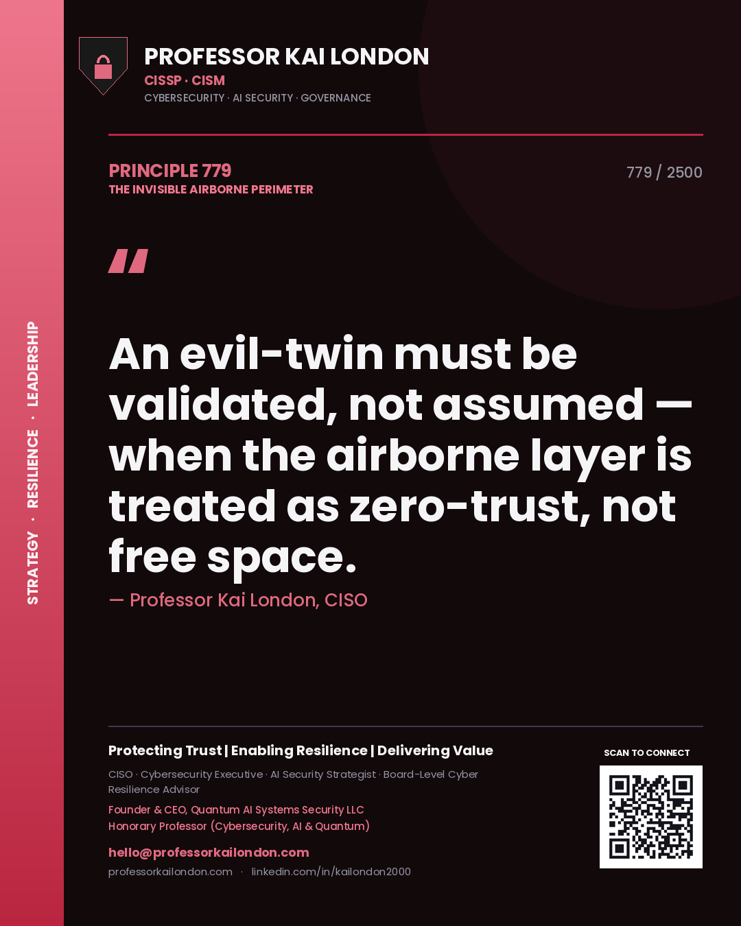 Professor Kai London principle 779: An evil-twin must be validated, not assumed — when the airborne layer is treated as zero-trust, not free space.