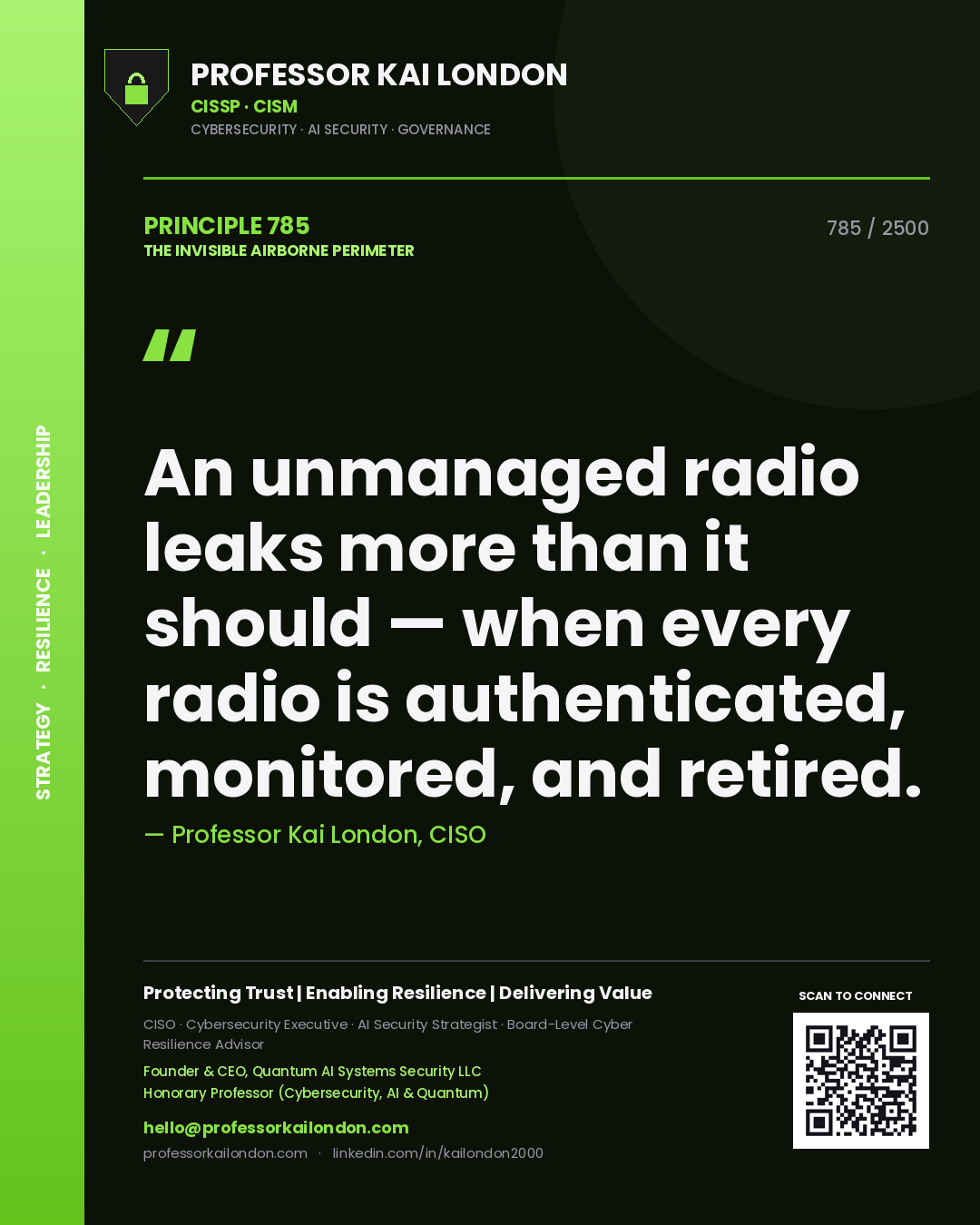Quote card by Professor Kai London reading 'An unmanaged radio leaks more than it should — when every radio is authenticated, monitored, and retired.'. From the book The Invisible Airborne Perimeter.