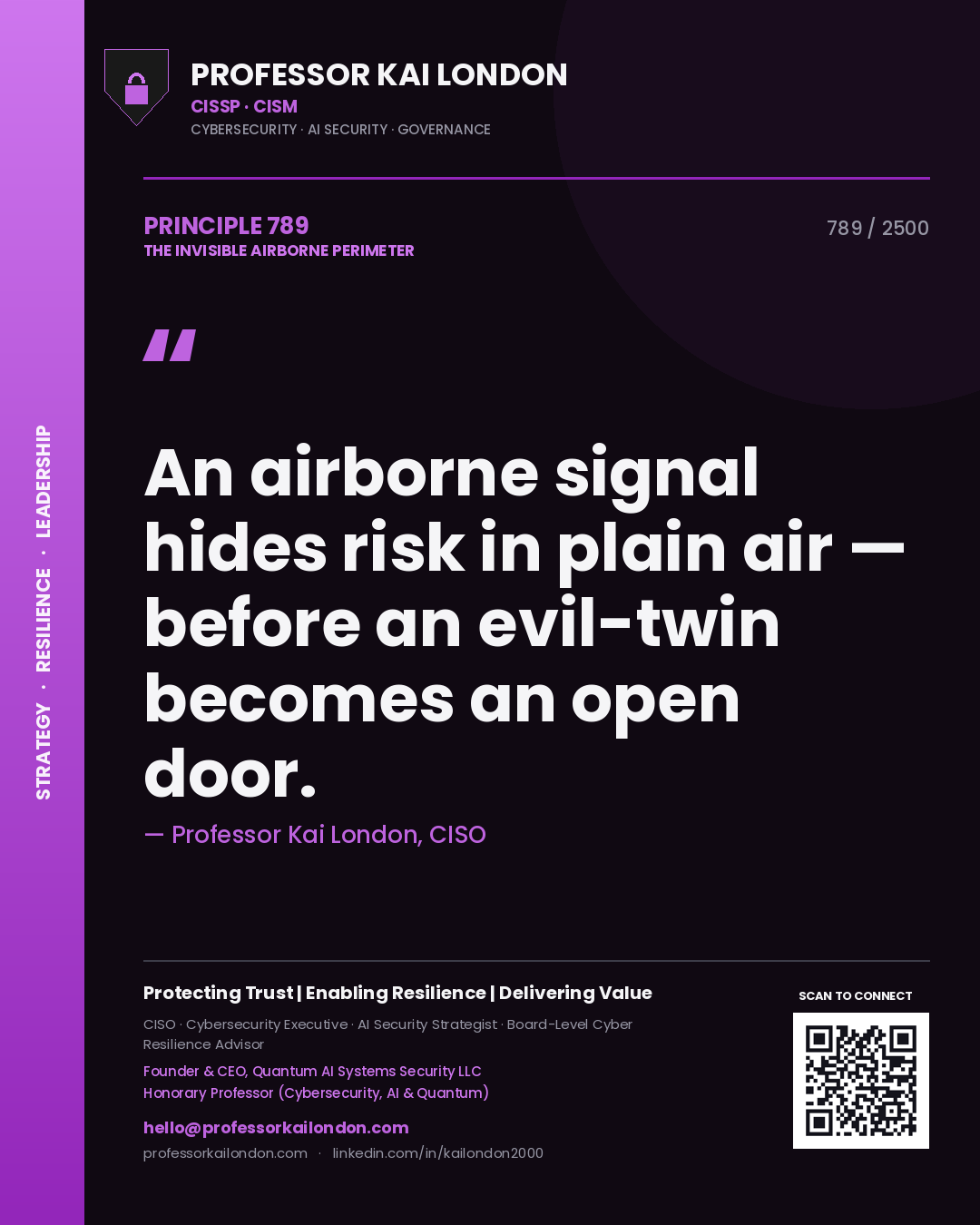 Professor Kai London principle 789: An airborne signal hides risk in plain air — before an evil-twin becomes an open door.