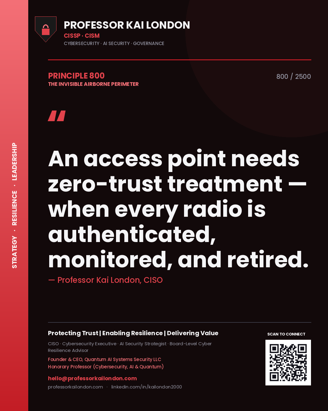 Quote card by Professor Kai London reading 'An access point needs zero-trust treatment — when every radio is authenticated, monitored, and retired.'. From the book The Invisible Airborne Perimeter.