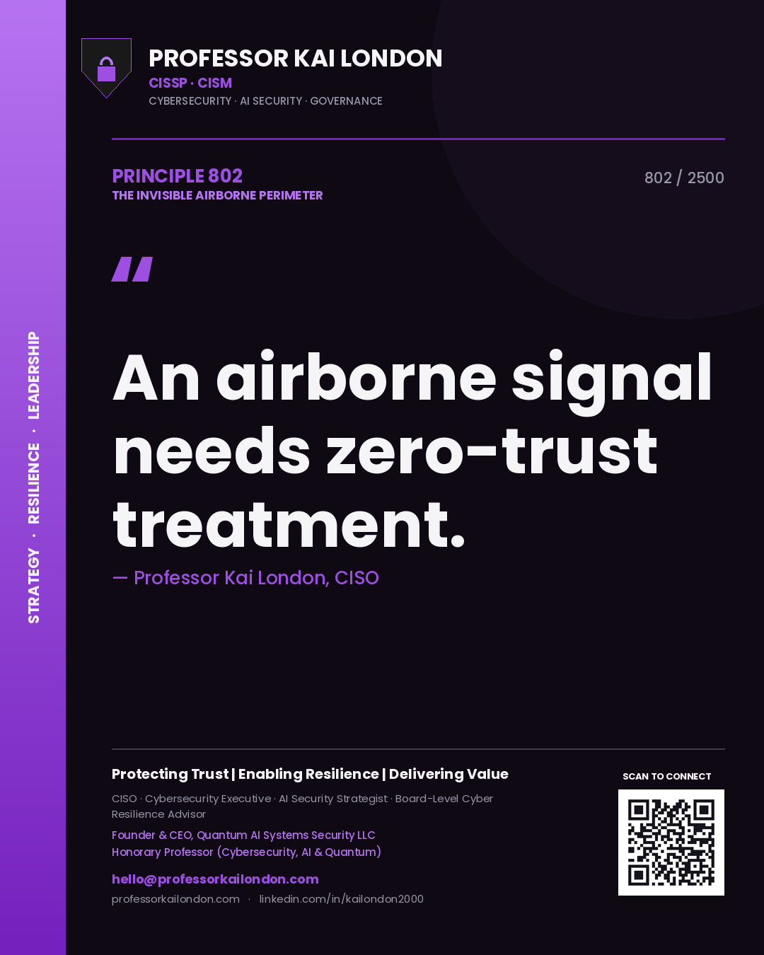 Quote card by Professor Kai London reading 'An airborne signal needs zero-trust treatment.'. From the book The Invisible Airborne Perimeter.