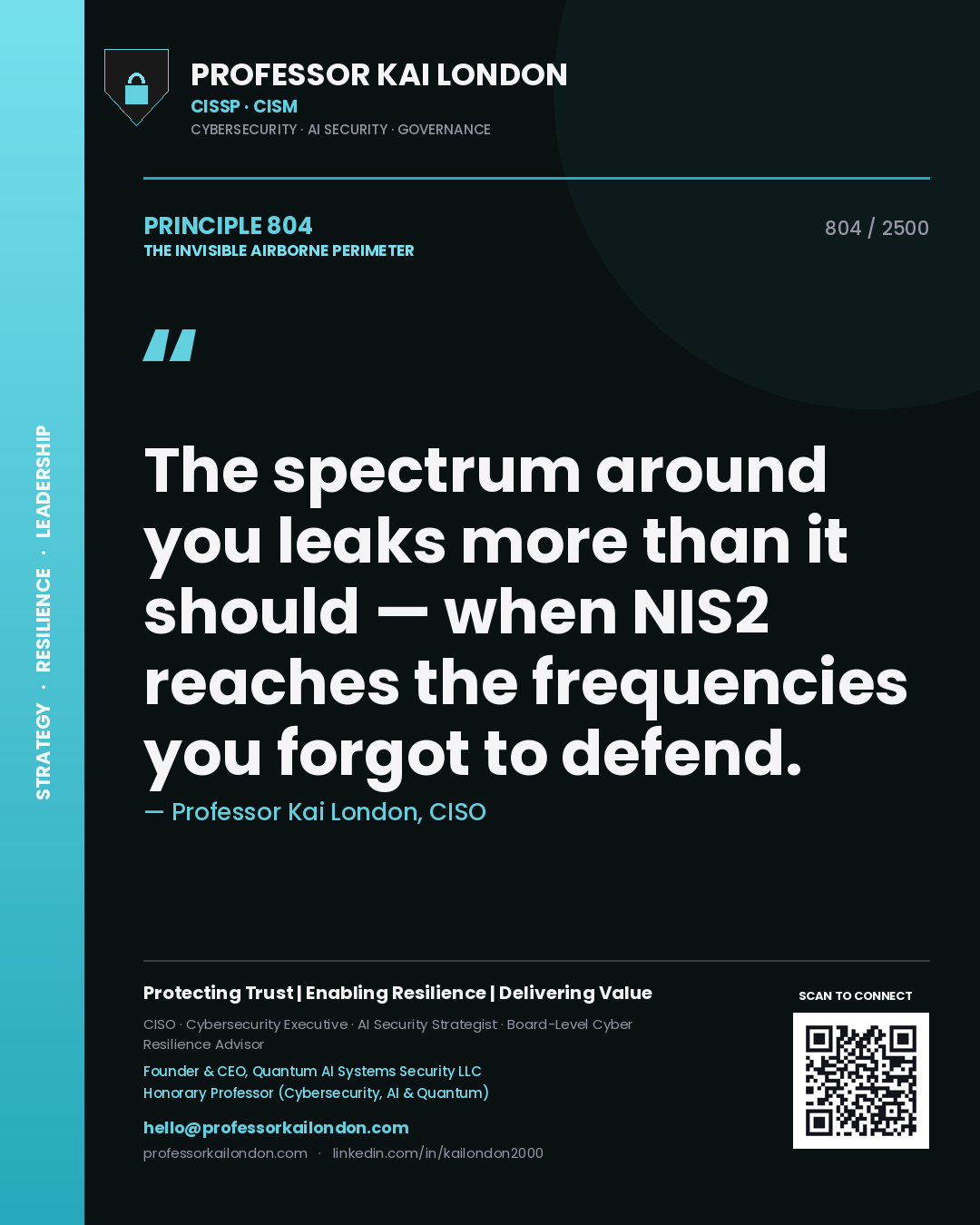 Quote card by Professor Kai London reading 'The spectrum around you leaks more than it should — when NIS2 reaches the frequencies you forgot to defend.'. From the book The Invisible Airborne Perimeter.