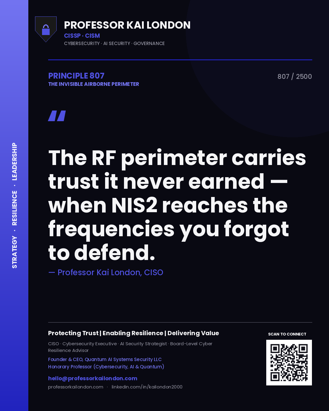 Quote card by Professor Kai London reading 'The RF perimeter carries trust it never earned — when NIS2 reaches the frequencies you forgot to defend.'. From the book The Invisible Airborne Perimeter.