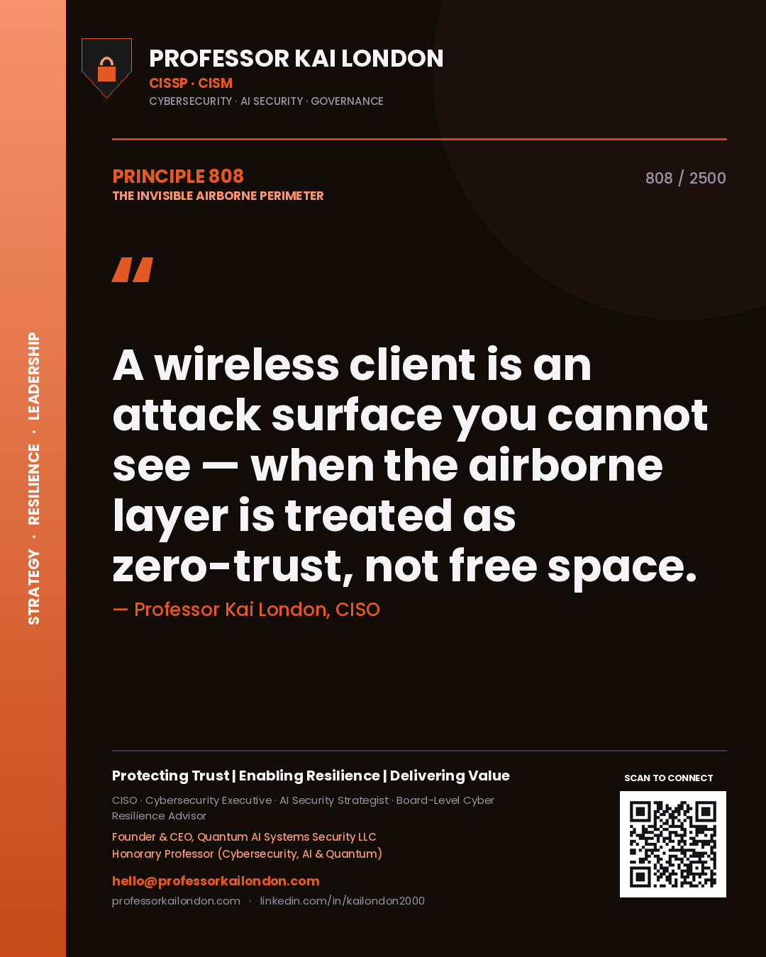 Quote card by Professor Kai London reading 'A wireless client is an attack surface you cannot see — when the airborne layer is treated as zero-trust, not free space.'. From the book The Invisible Airborne Perimeter.